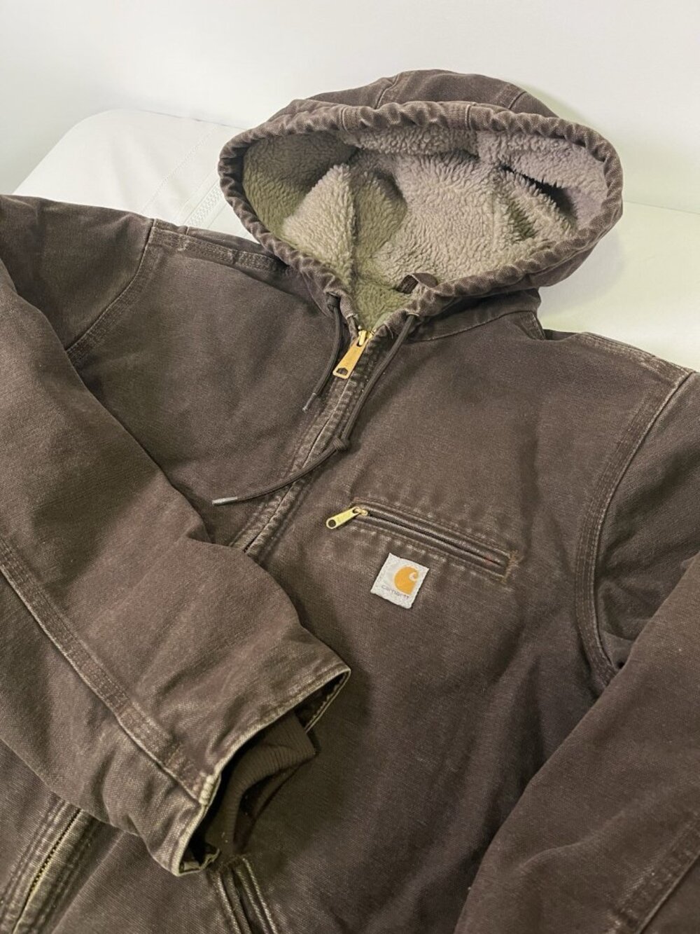 Vintage Carhartt Sherpa Lined Hooded Duck Canvas Work Jacket Brown Women’s Small - Picture 3 of 8